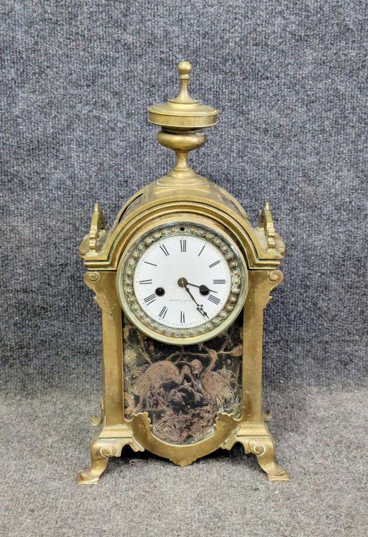 Mitchell Vance & Co. Antique Bronze Clock: 17"H, 8.50"W, 6"D