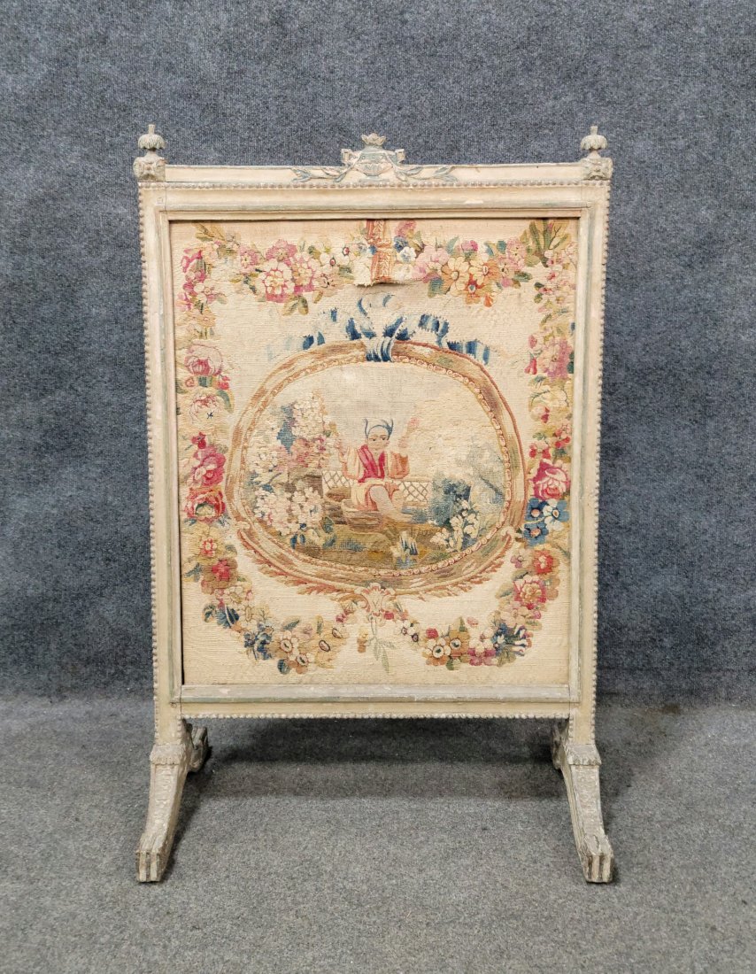 French Needlepoint Fire Screen: 38"H, 25"W, 14"D