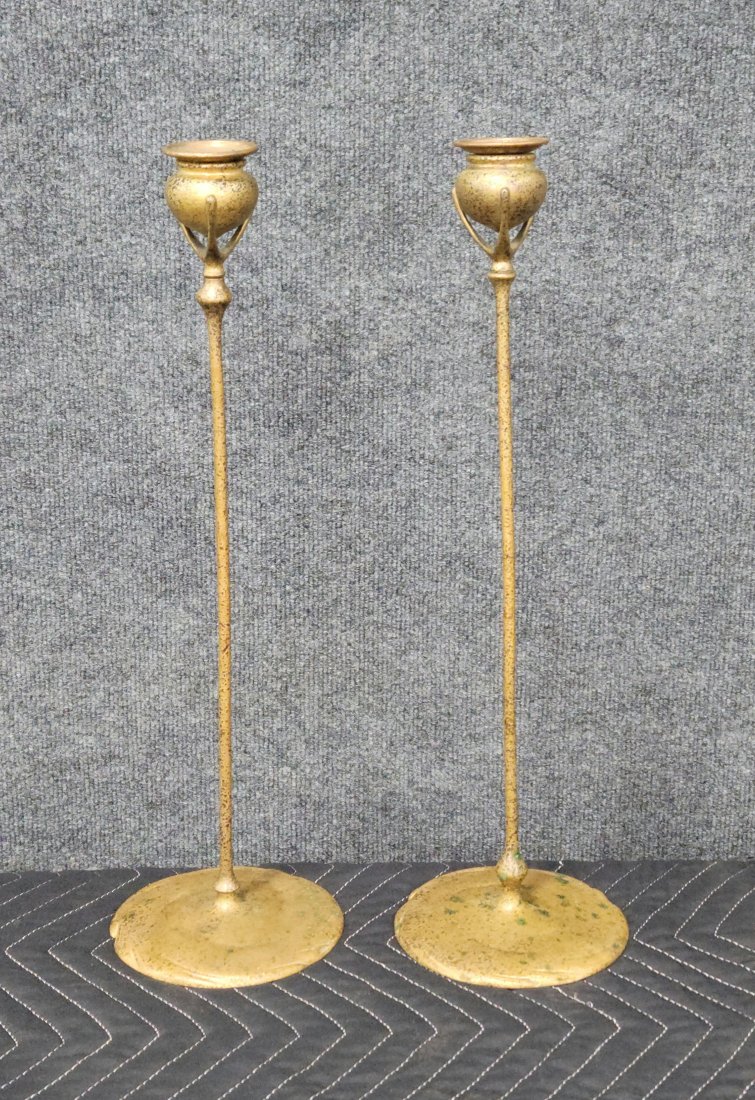 Pair Of Tiffany Studios Candle Sticks: 19"H, 5.50"Diameter