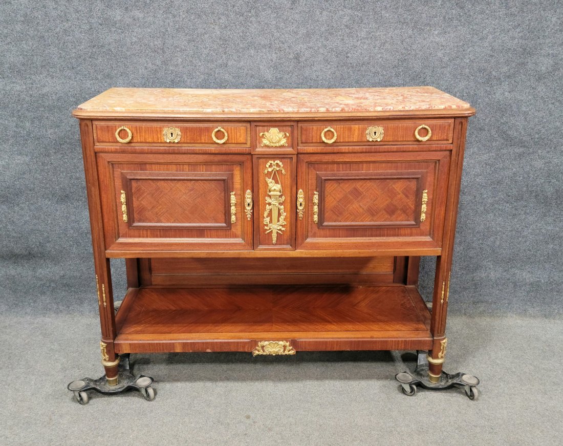 Marble Top Antique French Bronze Mounted Server: 41"H, 51.25"W, 19.75"D