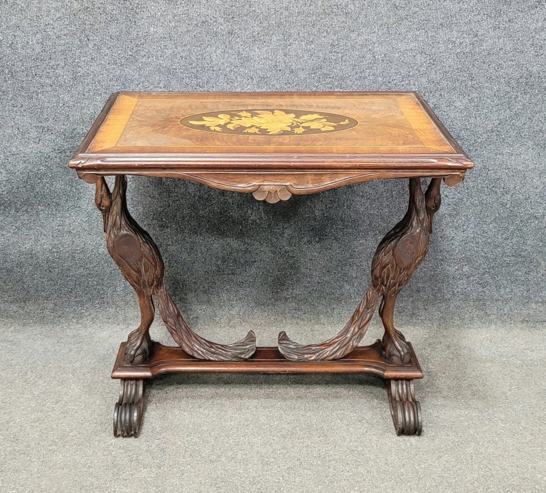 Inlaid Swan Table: 22.50"H, 25.50"W, 17.25"D