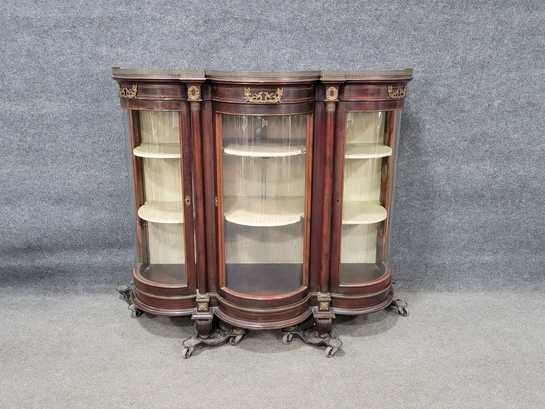 Antique French Empire Bronze Mounted Curio Cabinet: 48.50"H, 56"W, 21"D