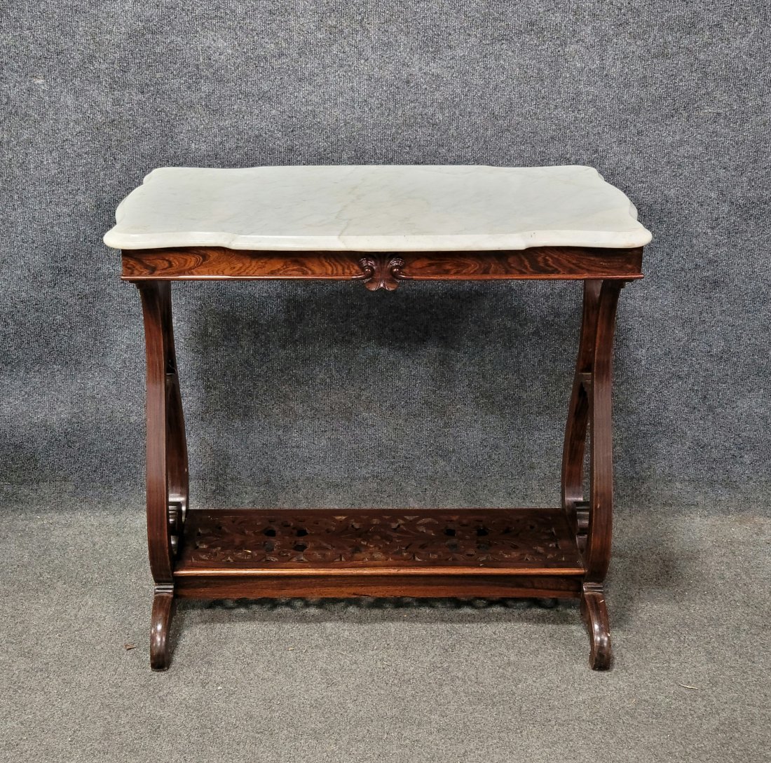 Victorian Gothic Marble Top Stand: 27"H, 29.50"W, 17.25"D