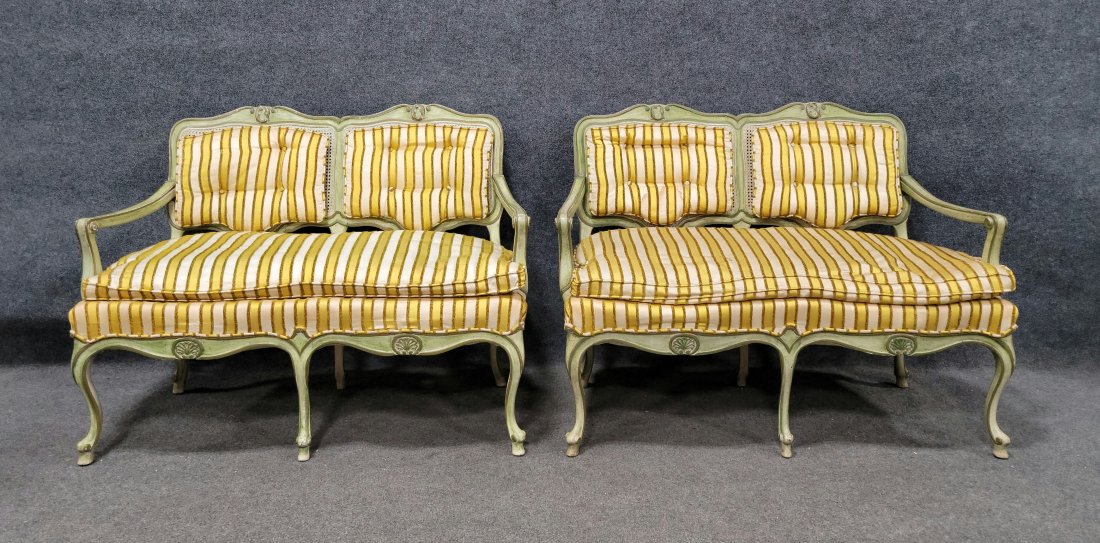 Pair Of Venetian Settees: 33.50"H, 45"W, 26.50"D, 18"SH