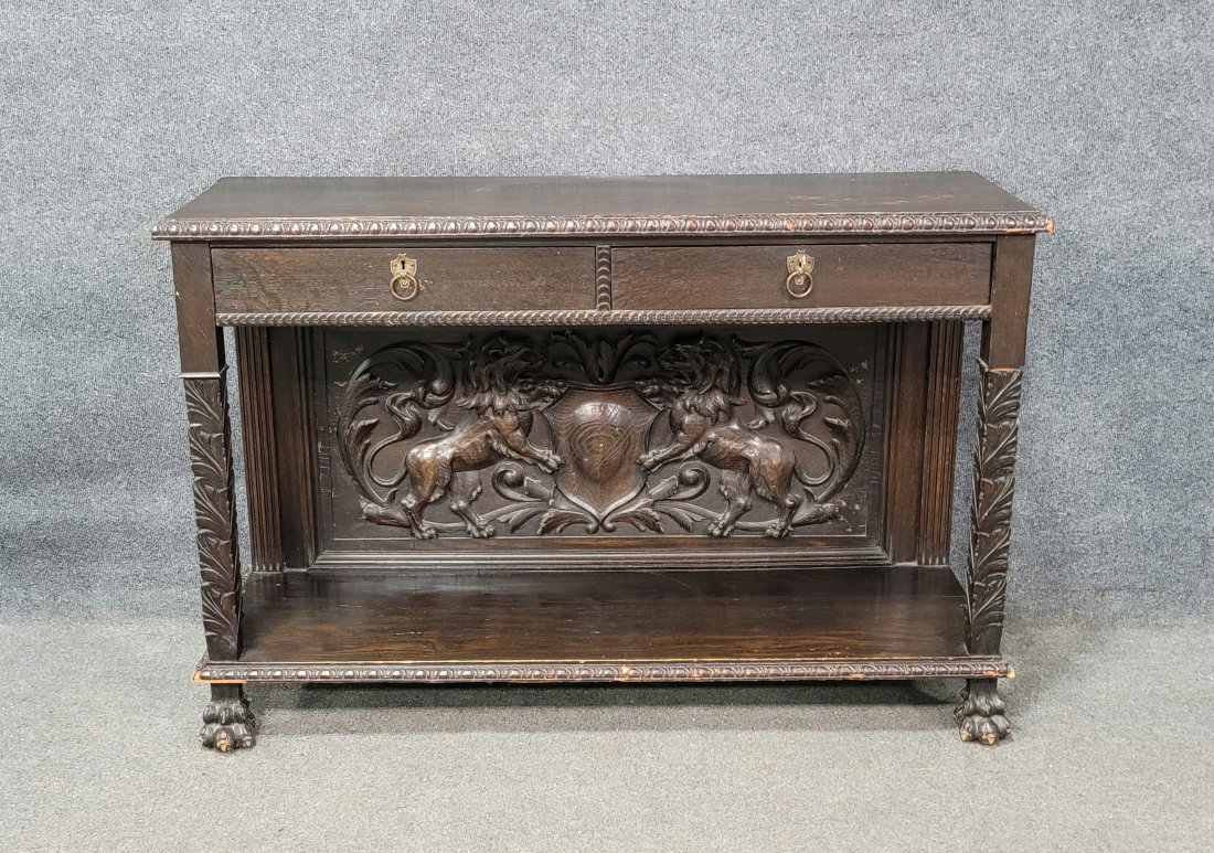Carved Horner Oak Server: 32.50"H, 49.50"W, 15.25"D