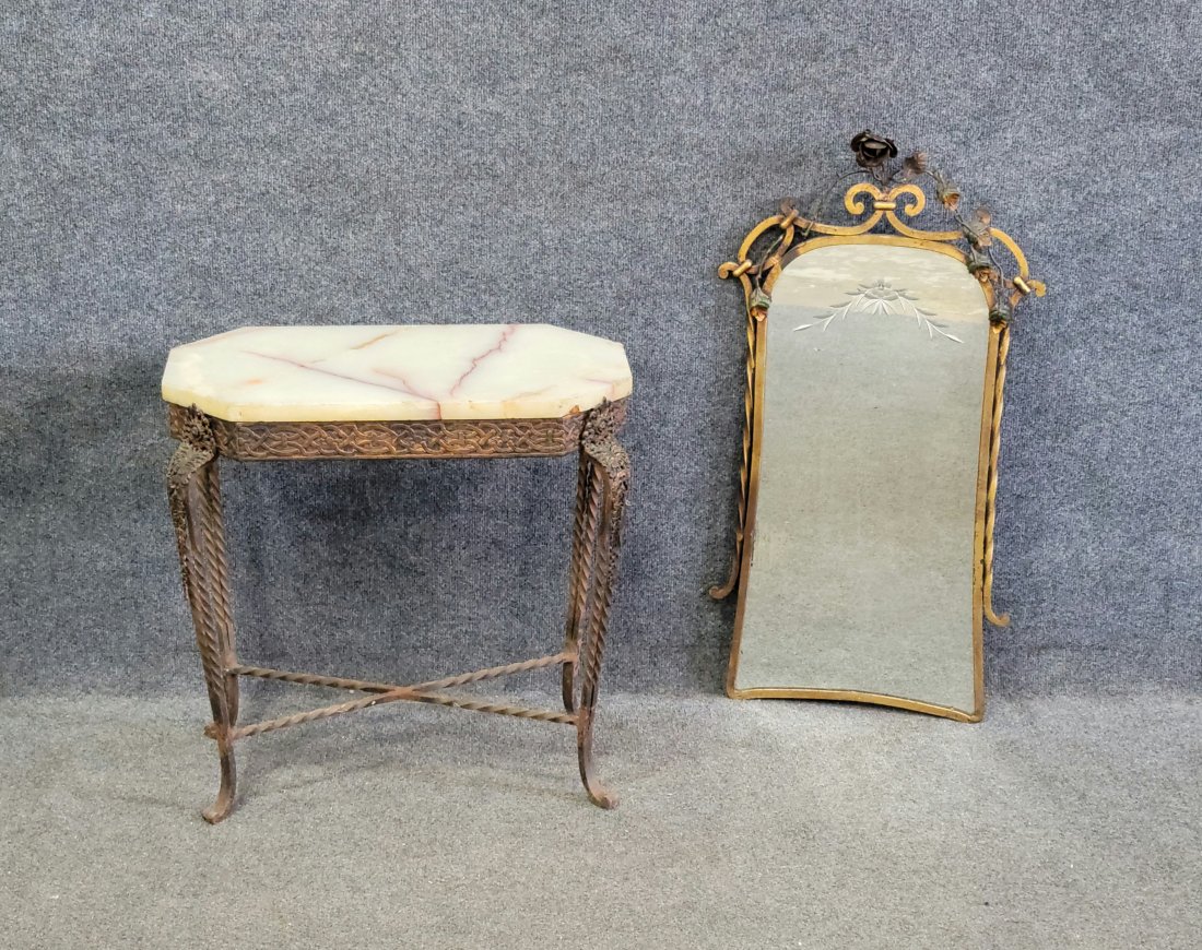 Oscar Bach Style Mirror And Marble Top Table: Table - 22"H, 22"W, 12"D | Mirror - 31.75"H, 16.50"W