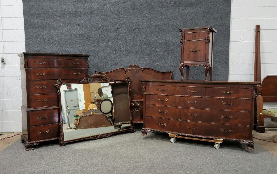 5 Piece Mahogany Bedroom Set: Dresser - 35.50"H, 66"W, 22"D | High Chest - 54"H, 38"W, 20"D | Nightstand - 29.75"H, 19"W, 14"D | Mirror - 43"H, 54"W | Headboard - 49"H, 56.75"W | 25"H, 59"W