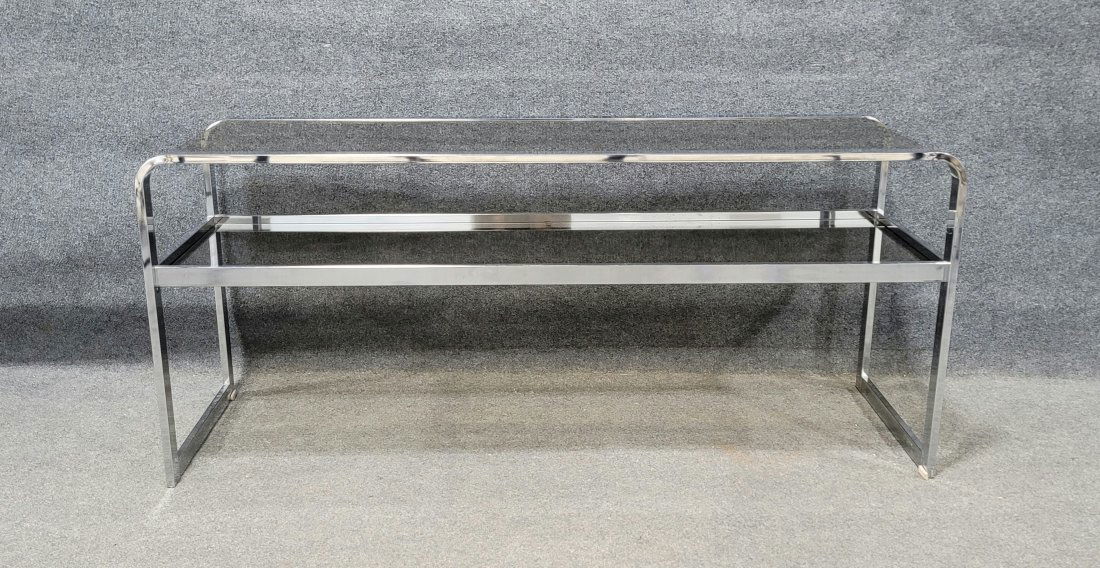Mid Century Chrome Milo Baughman Style Console: 25.75"H, 60.25"W, 19"D