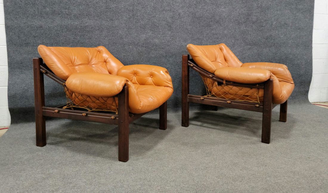 Pair Of Chairs And Ottoman By Jean Gillon From Brazil (Rosewood Frames): Chairs - 32"H, 36"W, 36"D, 15.50"SH | Bench - 17.50"H, 27"W, 20"D