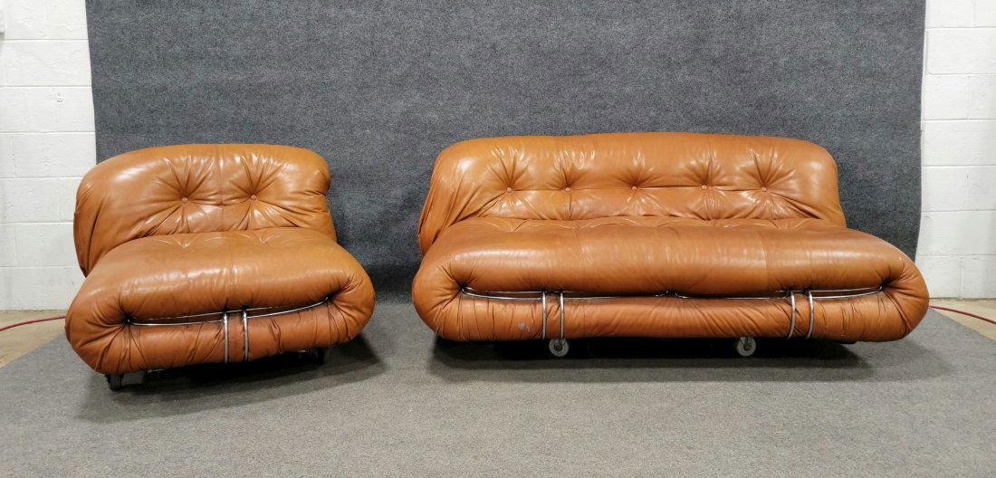 Love Seat And Chair By Tobias Scarpa For Cassina: Sofa - 25"H, 69"W, 39"D, 13"SH | Chair - 24"H, 36"W, 40"D, 13"SH - The wheels you see in the photo are NOT a part of the pieces. They are just dollies to help move the furniture.