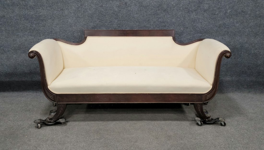 Antique Mahogany Sofa: 33.50"H, 76.50"W, 27"D, 15"SH