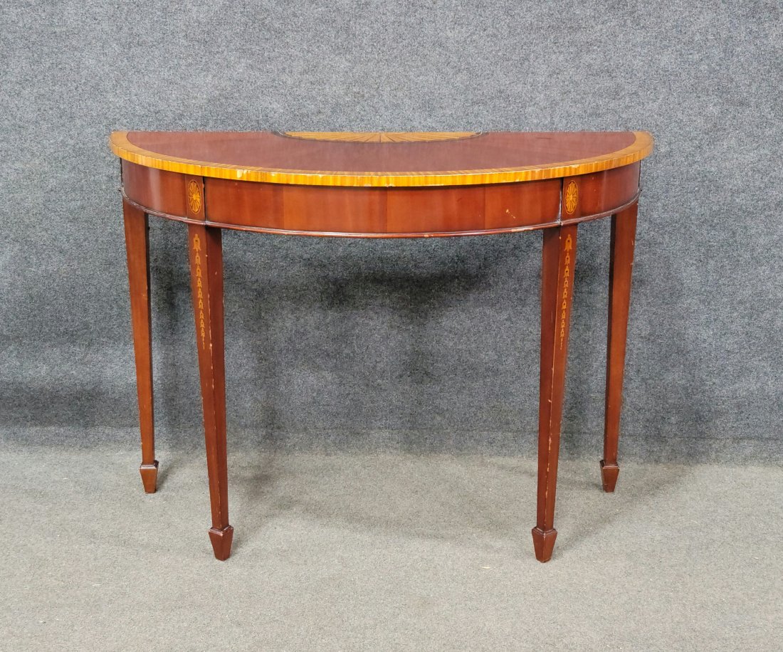 Banded Mahogany Inlaid Demi Lune Console: 32.75"H, 45"W, 19.25"D