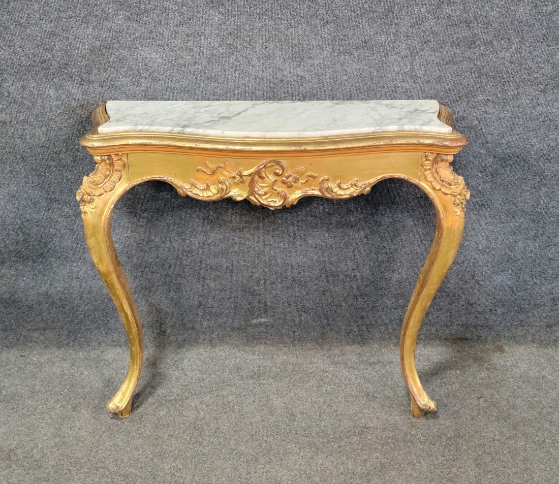 Marble Top Antique Gilt Console: 30.50"H, 35"W, 12.25"D