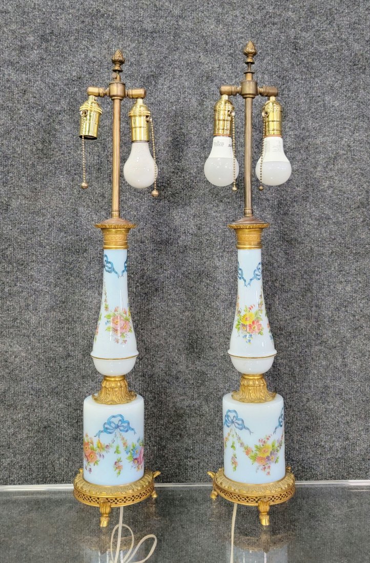 Pair Of Opaline And Gilt Bronze Lamps: 30.50"H, 6"Diameter