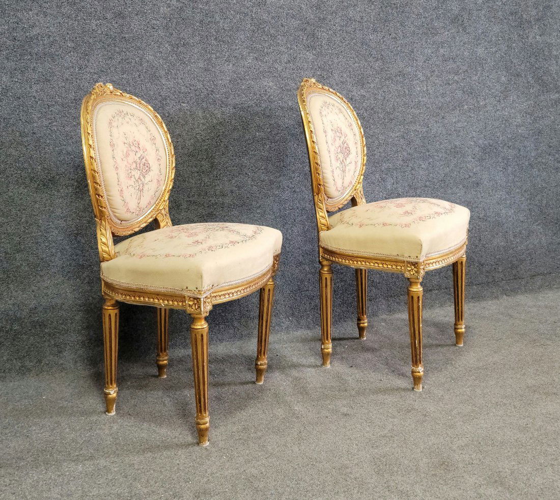 Pair Of Antique Gilt Tapestry Side Chairs (1 of 5)