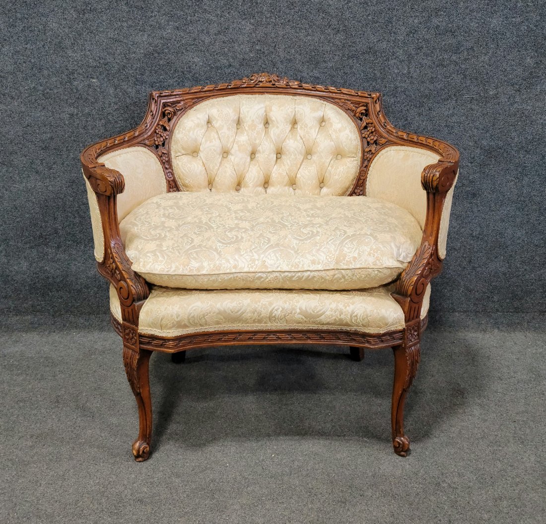 Carved French Settee: 32.75"H, 35.25"W, 27.50"D, 19"SH