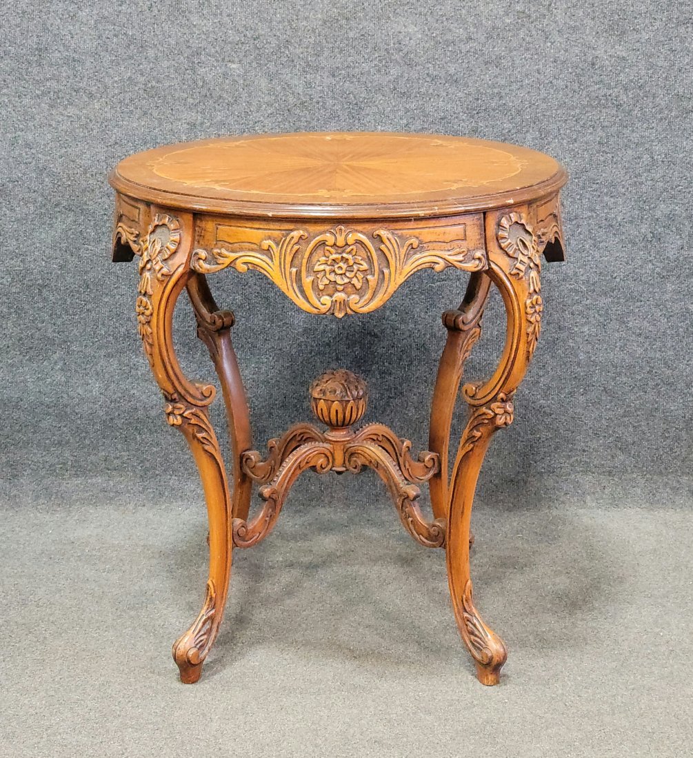 Carved French Inlaid Center Table: 28.25"H, 26"Diameter