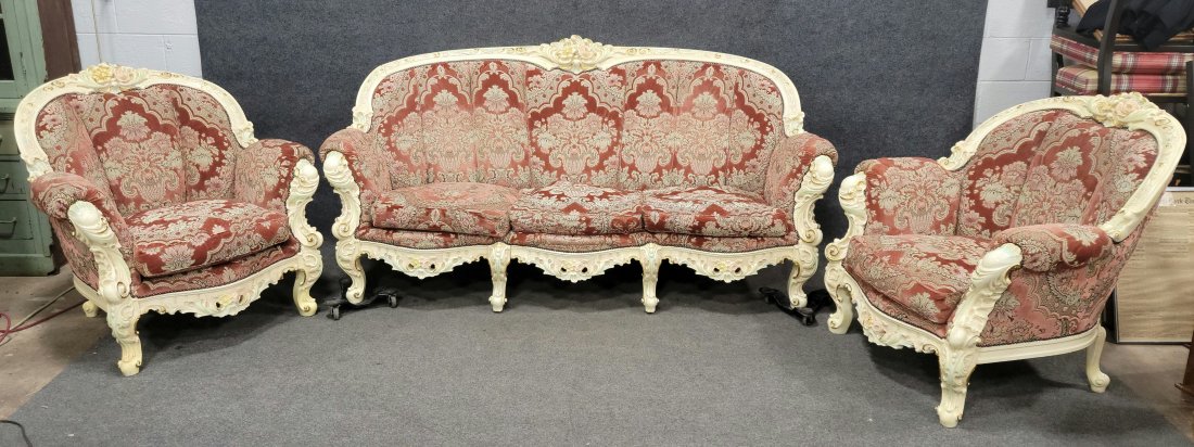 3 Piece Carved French Set: Chairs - 38.5h 38w -- Settee - 39h, 83w