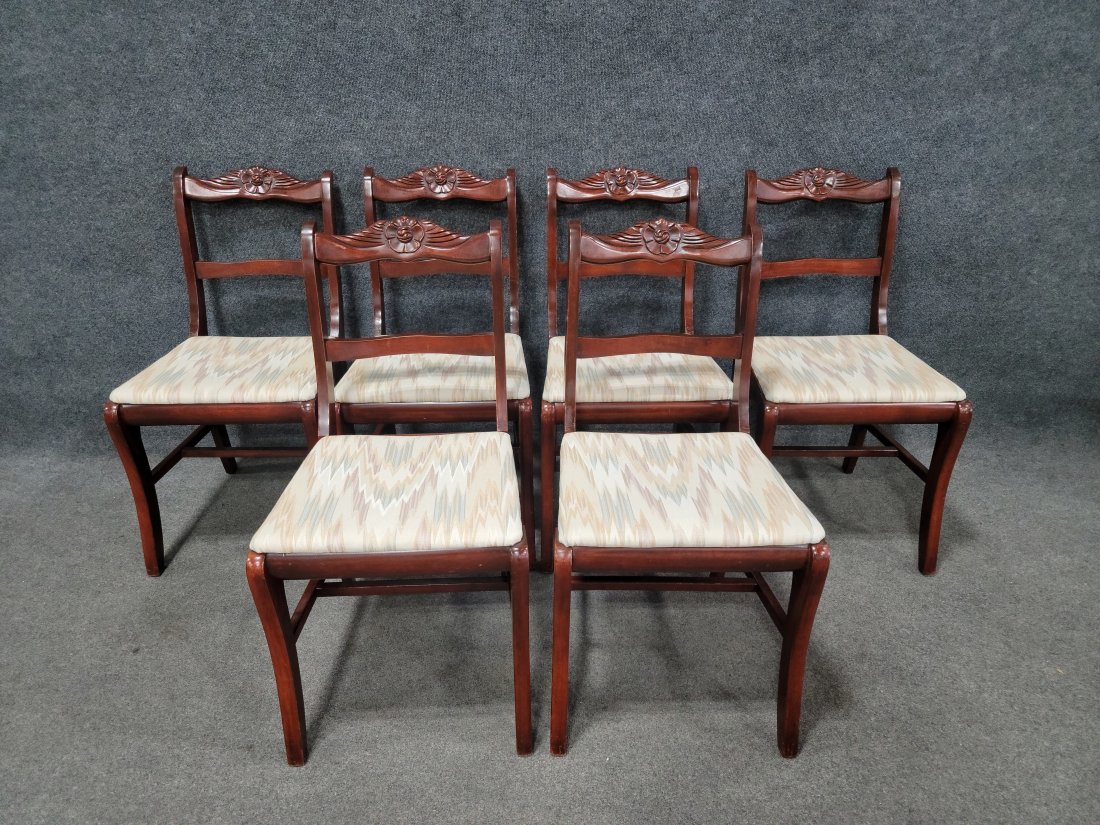 6 Mahogany Dining Chairs: 32.5h, 17.5w, 24.75d, 18sh