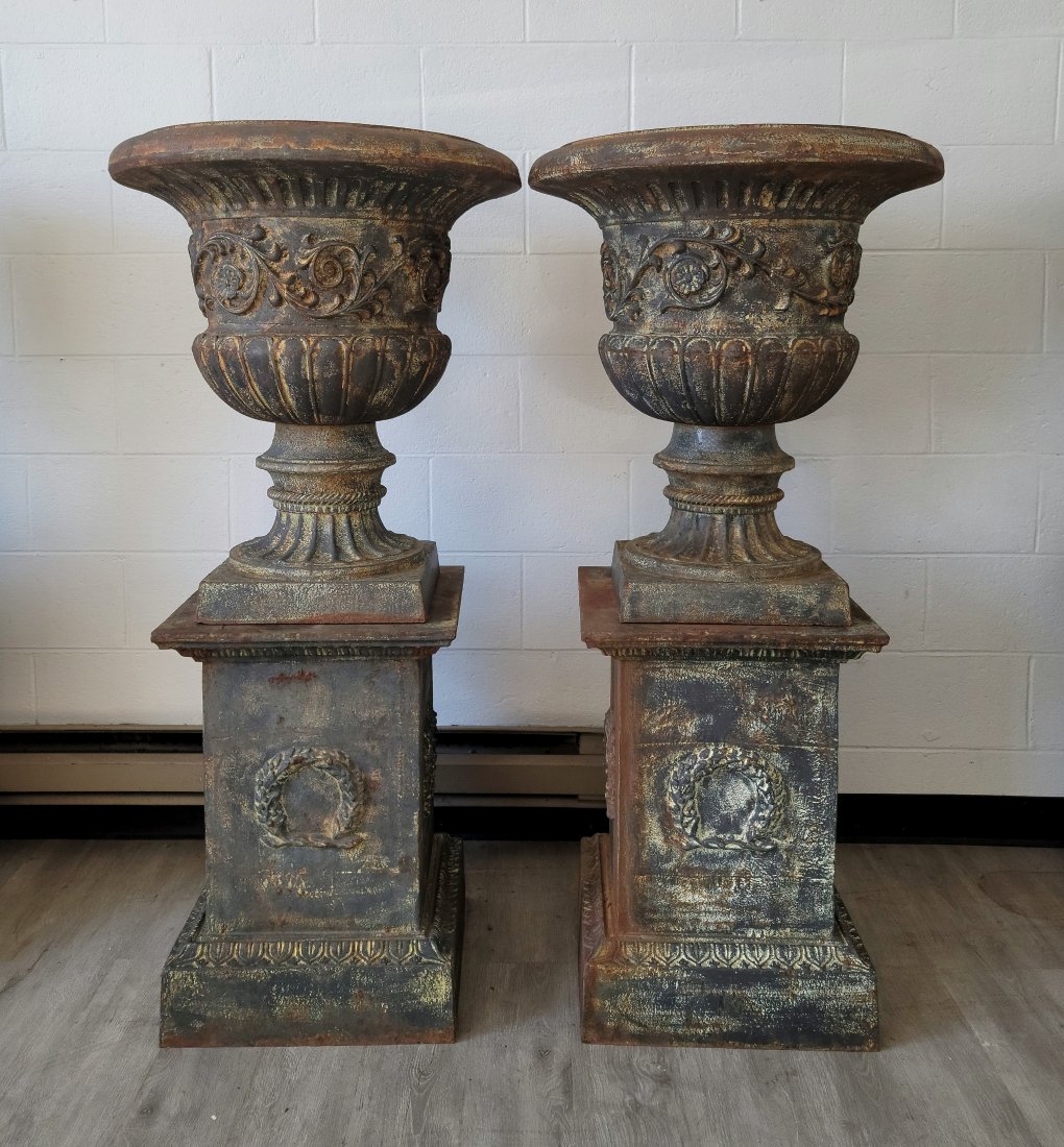 Pair Of Large Cast Iron Urns On Bases (1 of 4)