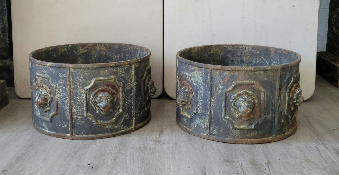 Pair Of Cast Iron Lion Head Planters (1 of 4)
