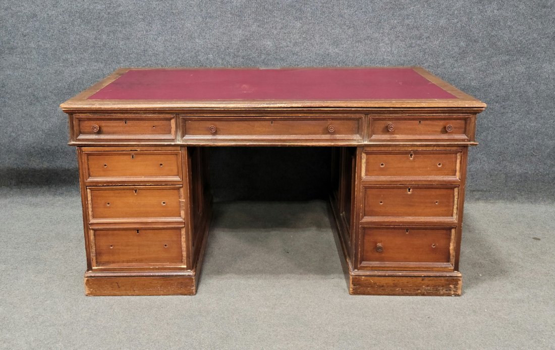Antique English Leather Top Desk: 30"H, 60"W, 35.50"D