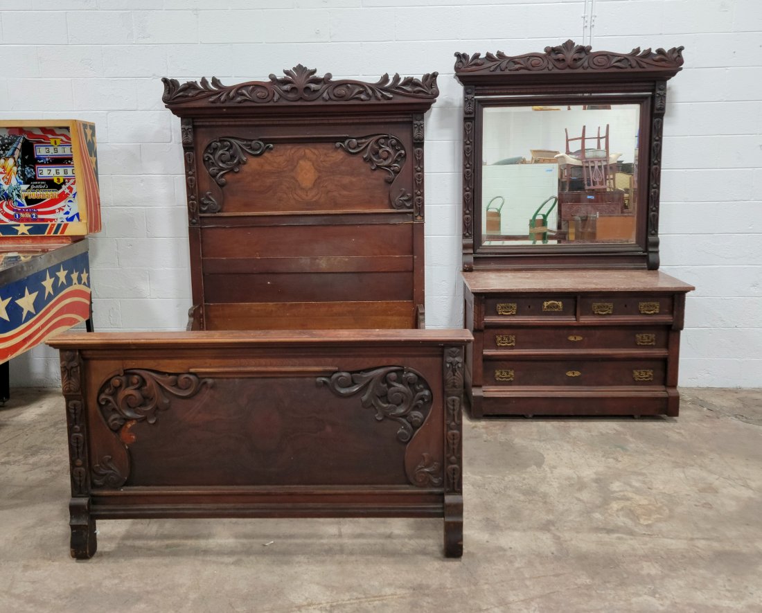 Carved Victorian Bed +Victorian Dresser w/ Mirror (1 of 8)