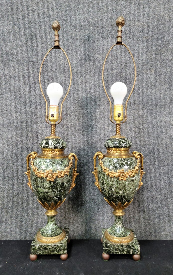Pair Of Bronze And Marble Casselot Lamps: 20.25"H, 8"W, 6.50"D