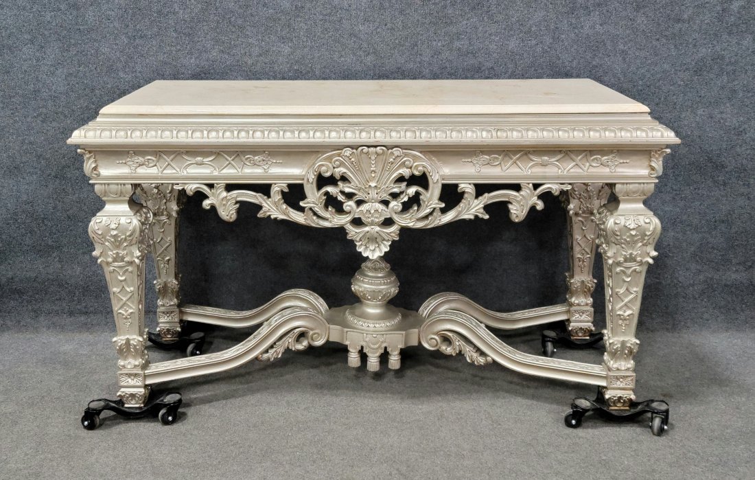 Carved Marble Top Silver Gilt Console: 33"H, 59"W, 23.50"D