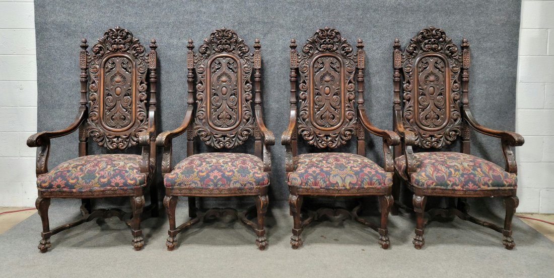 4 Carved Throne Chairs Attributed To Horner: 56.50"H, 29"W, 27.25"D, 20"SH