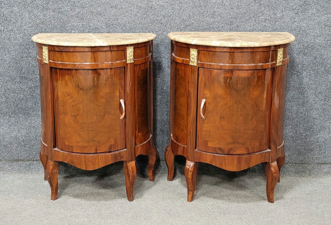 Pair Of Marble Top Demi Lune Commodes: 27.50"H, 22"W, 12.50"D