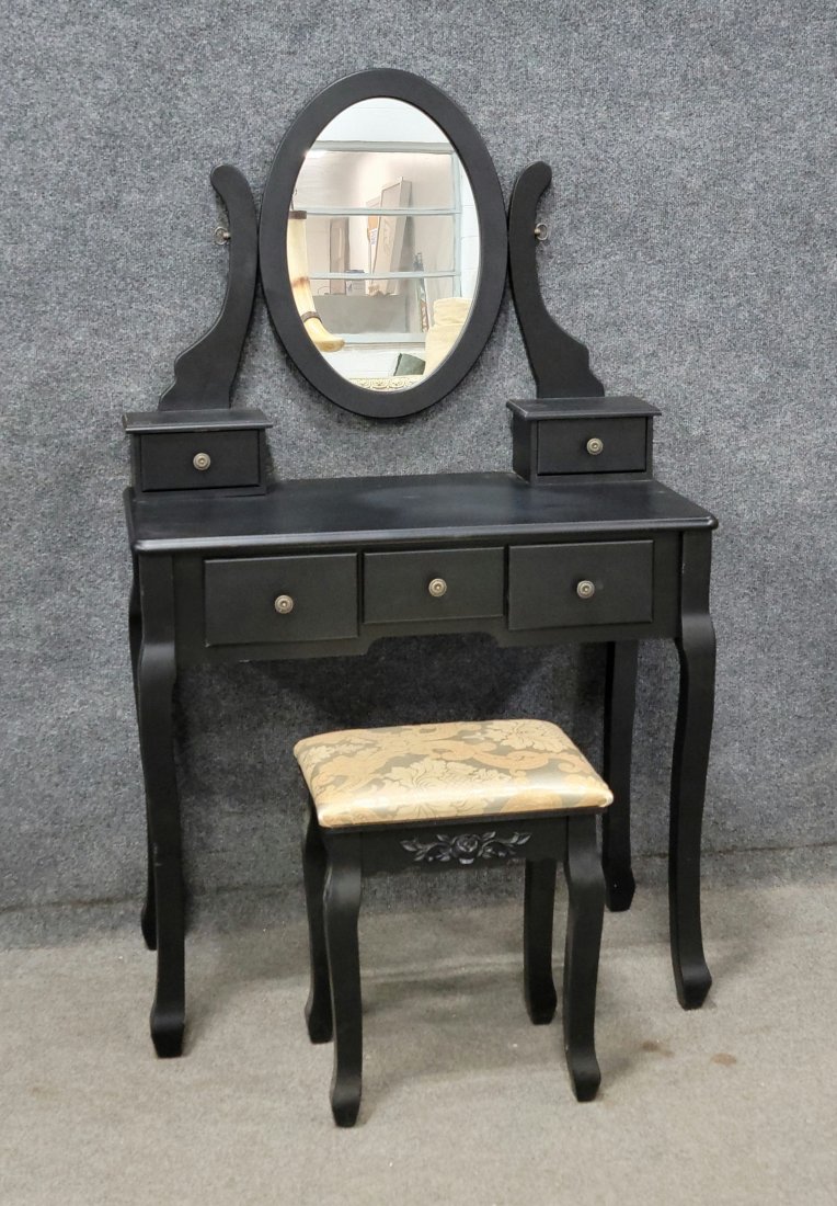 Ebonized Vanity And Stool: 52.50"H, 31.50"W, 16"D