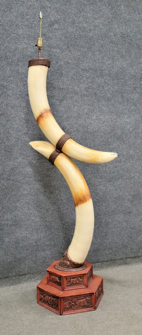 Very Rare Life Size Wooden Tusk Lamp: 67"H, 20"W, 26"D