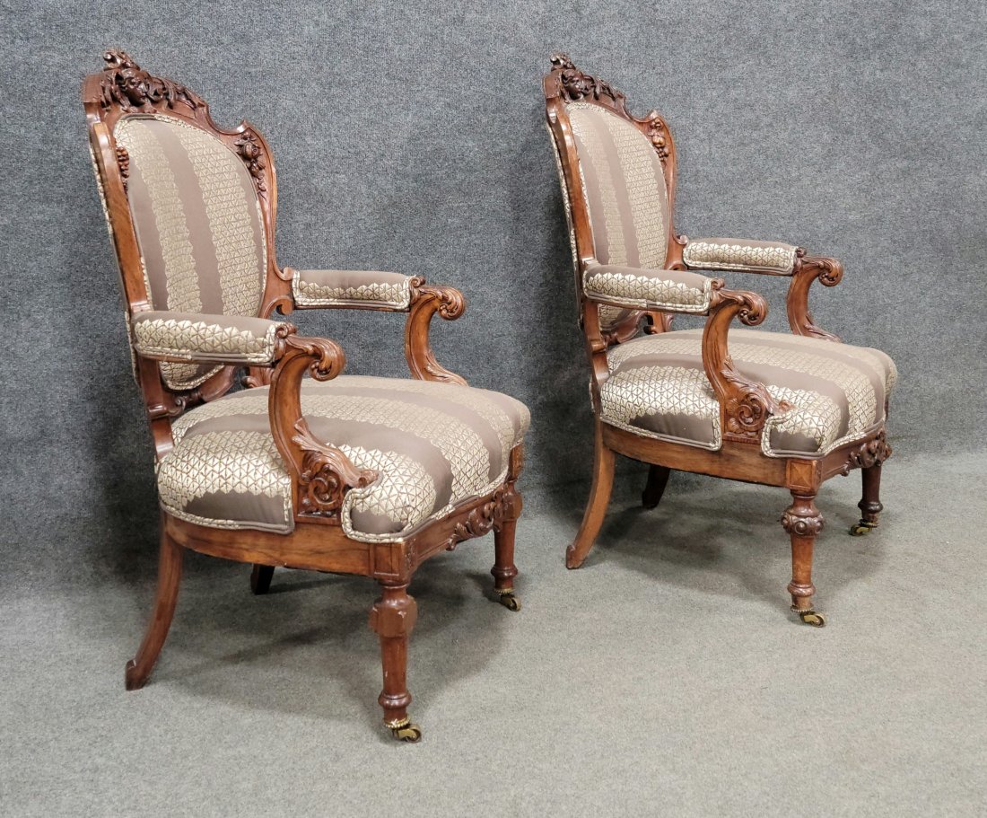 Pair Of Victorian Renaissance Arm Chairs: 41.75"H, 25"W, 28"D, 16"SH | One Arm Has Been Repaired