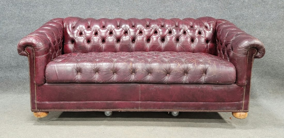 Leather Chesterfield Sofa: 27"H, 77"W, 37"D, 19"SH