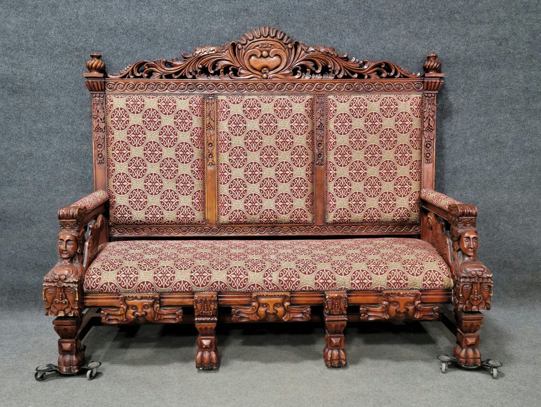 Large Carved Sofa In The Manner Of Horner: 68"H, 84.75"W, 37"D, 19"SH