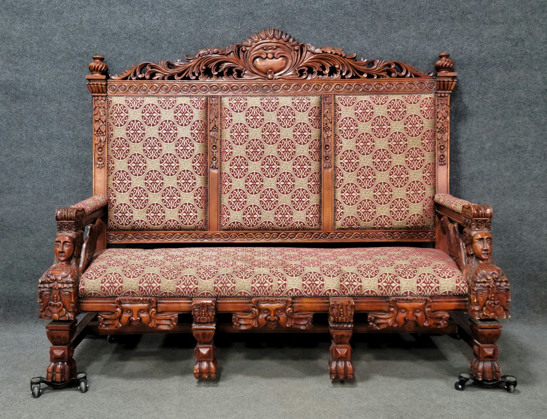 Large Carved Sofa In The Manner Of Horner: 68"H, 84.75"W, 37"D, 19"SH