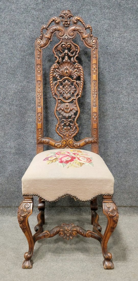 Carved Throne Chair With Needlepoint Seat: 55"H, 20.50"W, 20.50"D, 20.50"SH