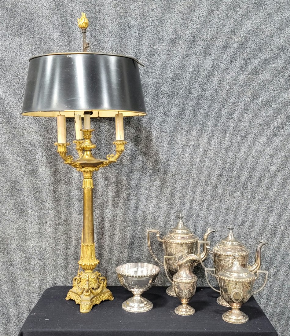 Silver Plated Tea Set With Bronze Mounted Candelabra: -