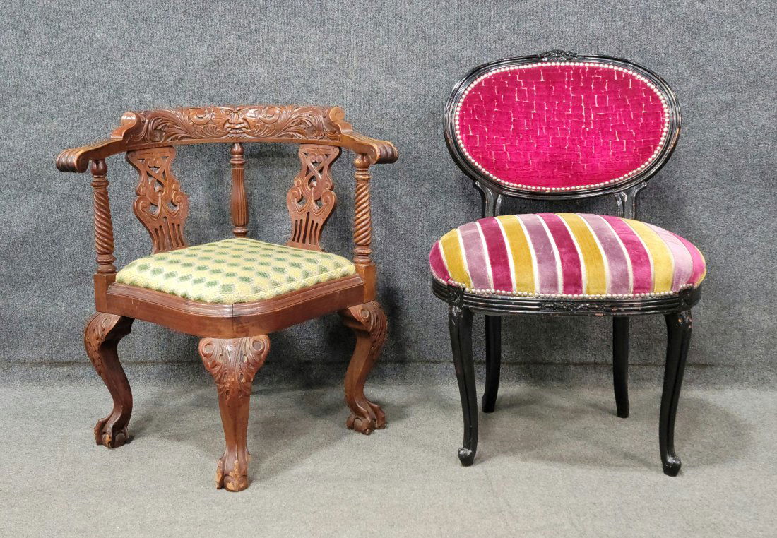 Corner Chair And Ebonized French Chair: Left - 30.50"H, 30"W, 26"D, 16.50"SH | Right - 36"H, 24"W, 22.50"D, 19"SH