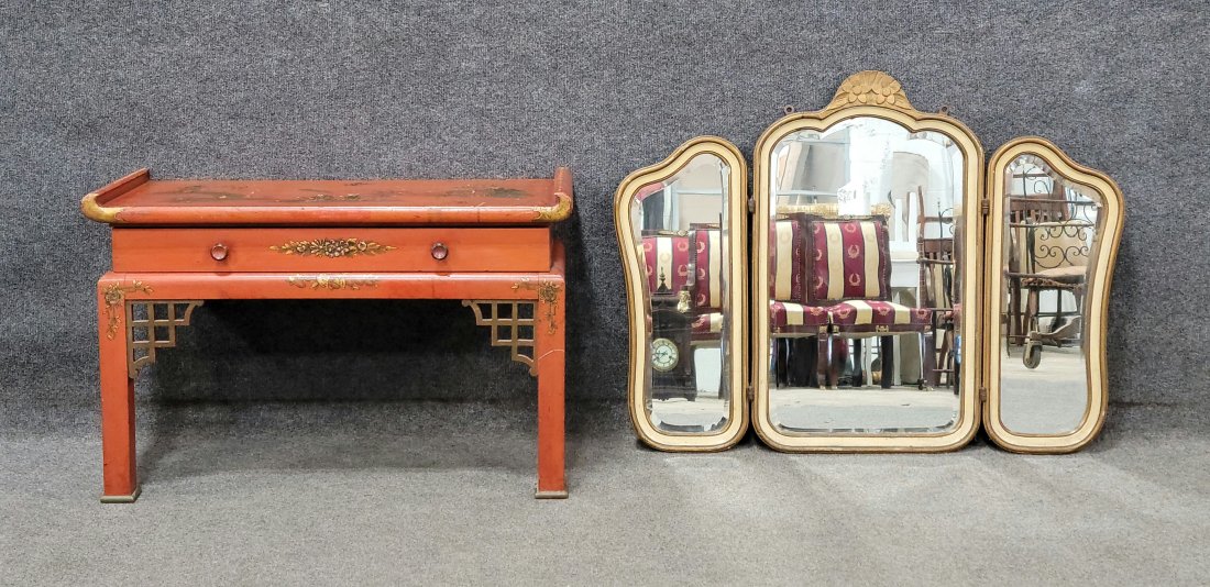 Mirror And Chinese Console: Console - 20.75"H, 31.50"W, 13"D | Mirror - 27.50"H, 36"W