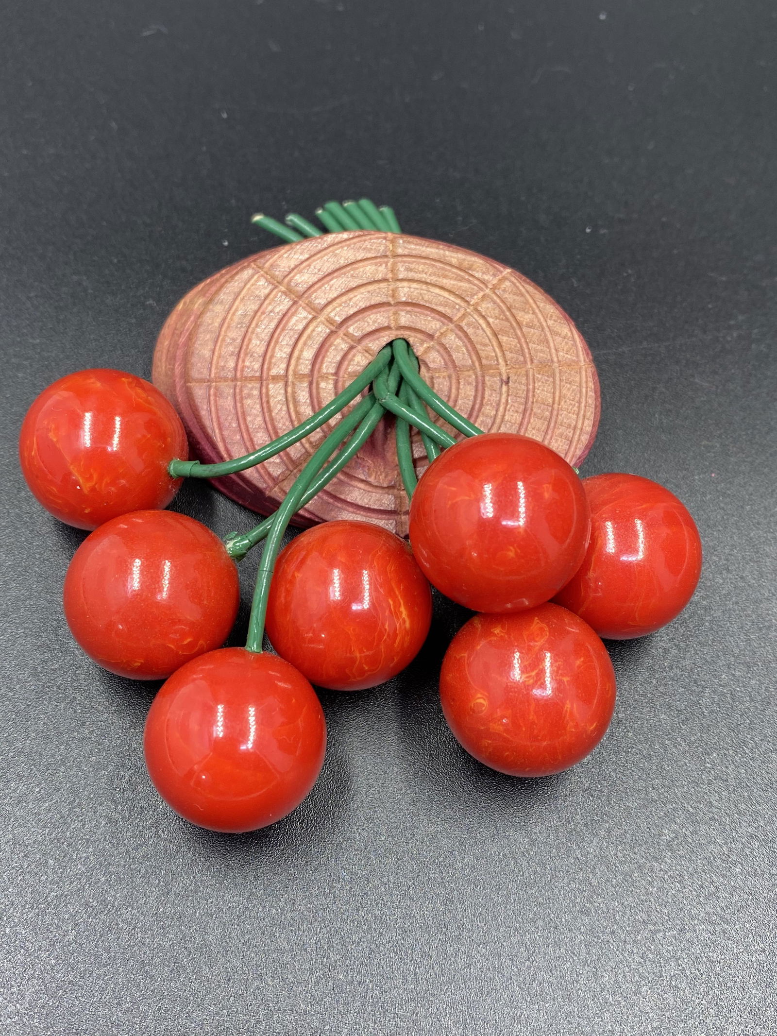 Vintage Log with Dangling Big Red Bakelite Cherries (1 of 3)
