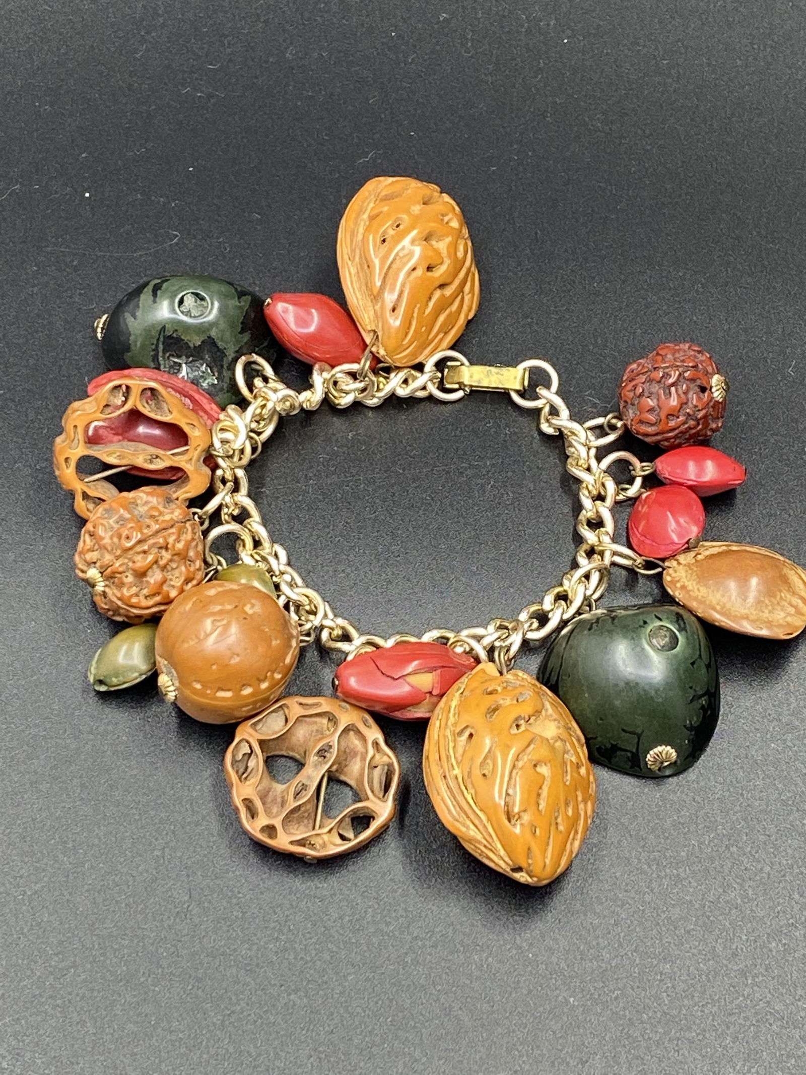 Vintage Bakelite Green Tone Seeds Charm Bracelet (1 of 7)