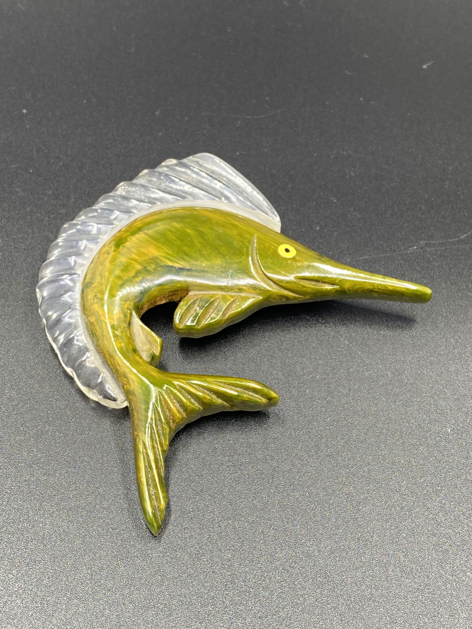 Green Marbled Bakelite Swordfish with Lucite Fins (1 of 5)