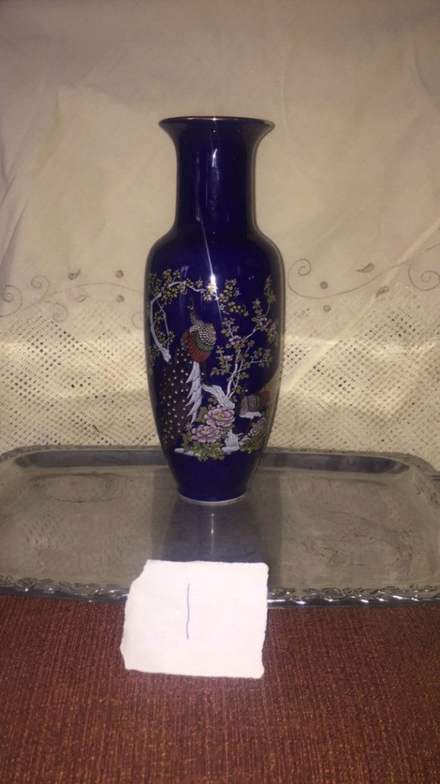 Vintage Japanese  Blue/Gold Trim Vase w/Floral Peacock (1 of 1)