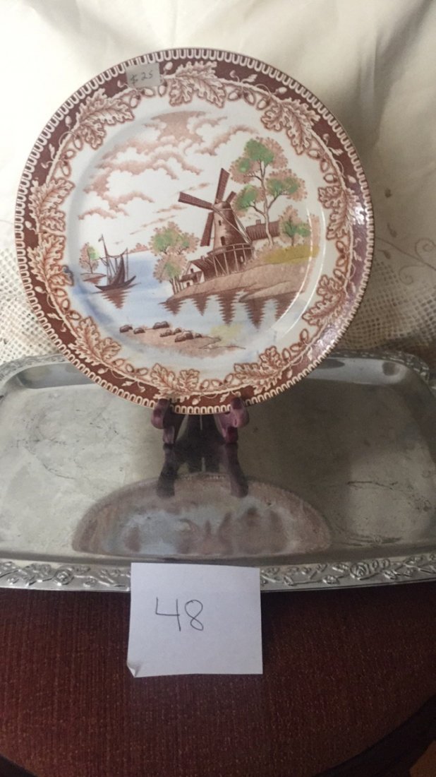 Vintage Beautiful decorative plate w/ windmill picture: Vintage Brown Hand painted Decorative Plate with Windmill and sailboat picture.