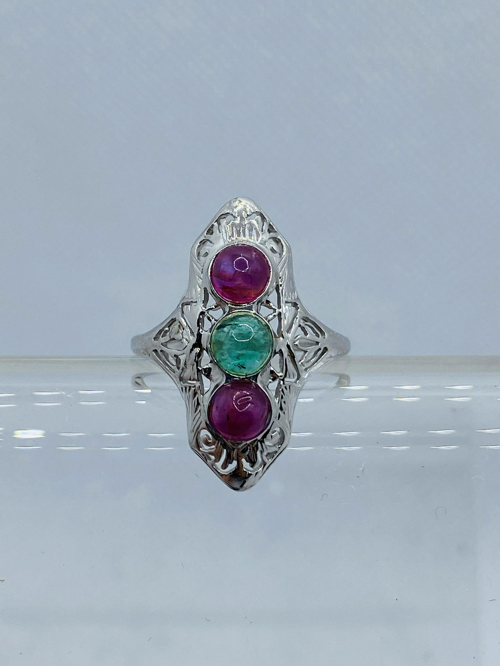 Art Deco Cabochon Ruby Emerald White Gold Ring (1 of 8)