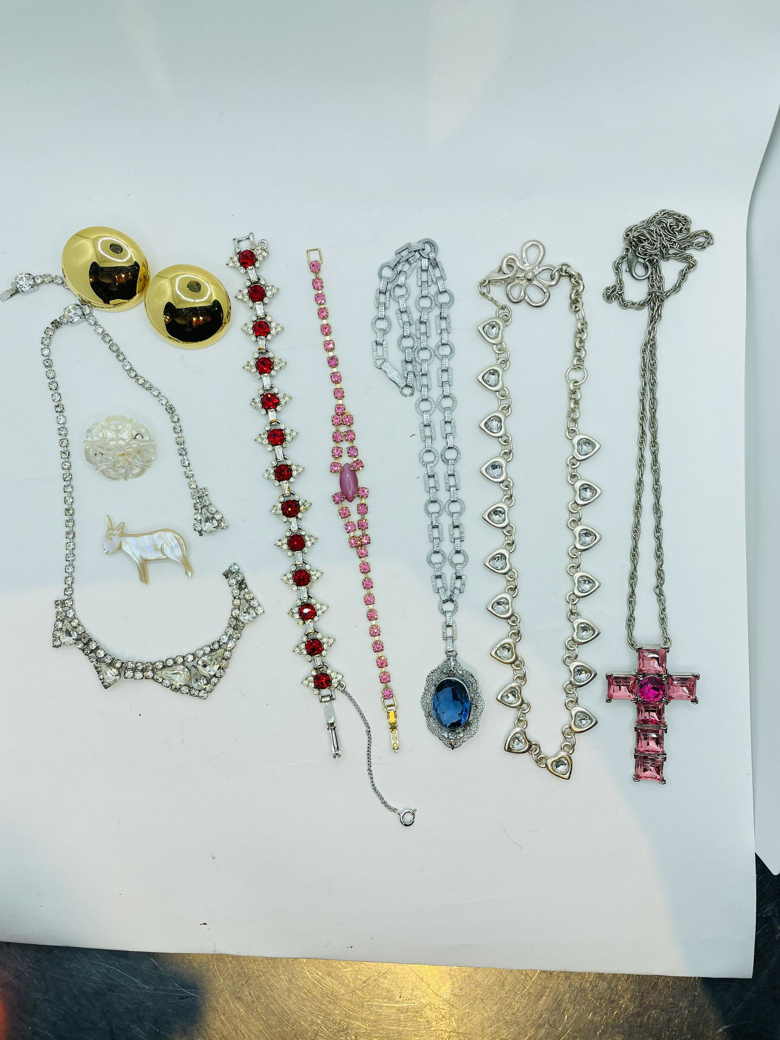 Vintage Lot of Rhinestone Costume Jewelry 9 Piece Cross: Vintage Lot of Rhinestone Costume Jewelry 9 Piece Cross earring 2 bracelet 3 necklaces 2 braceletVictorian Mother Of pearl Donkey and brooch