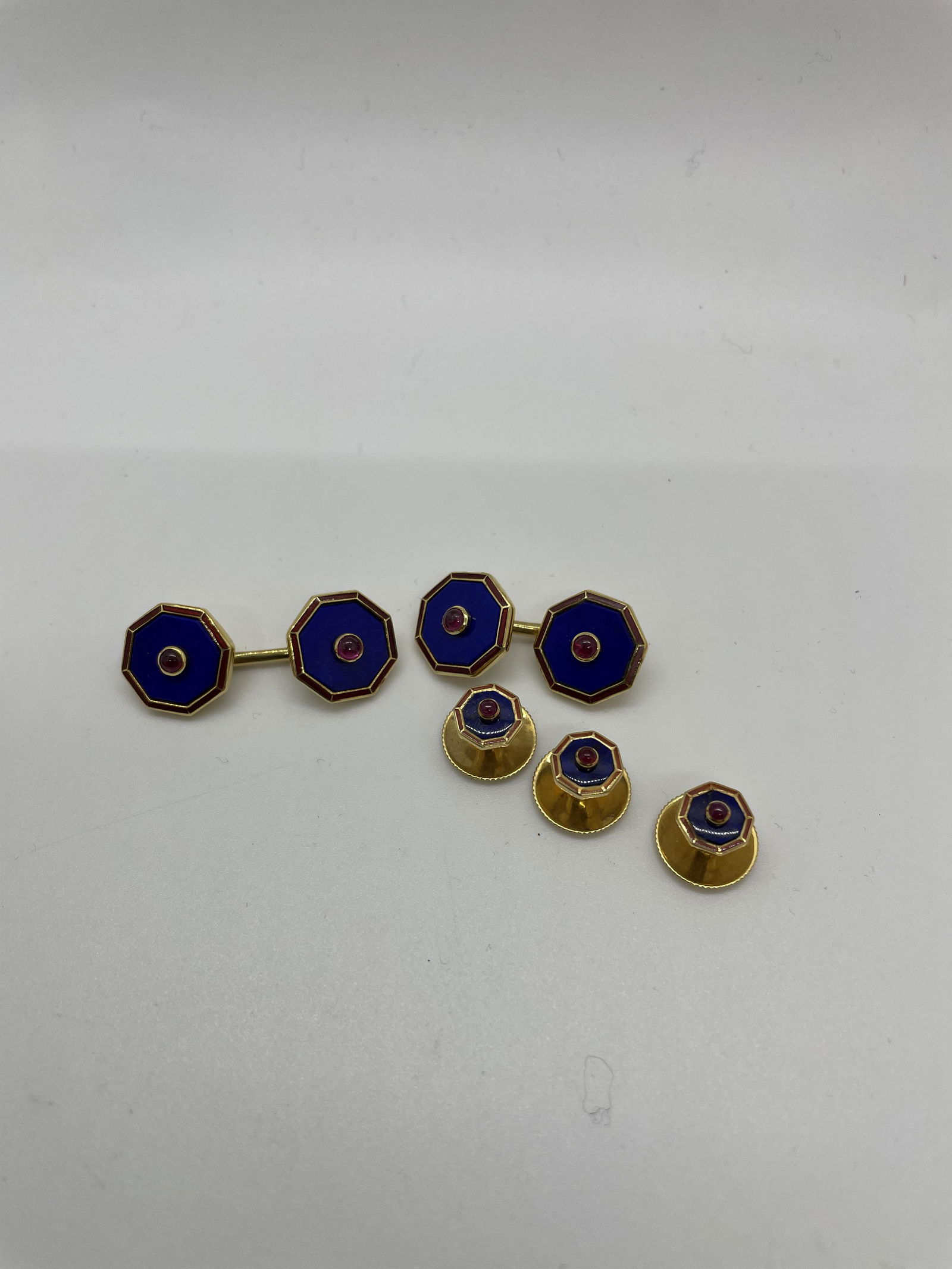 18K Gold Lapis Ruby Enamel Cufflinks Set (1 of 9)