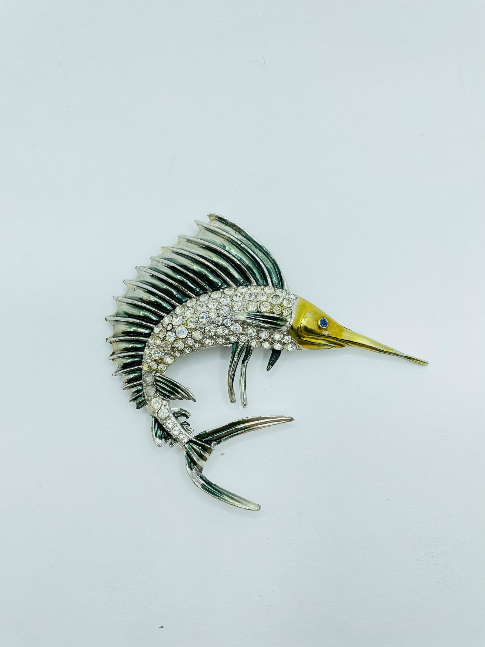 Large Vintage Costume Jewelry Brooch With Marlin: Large Vintage Costume Jewelry Brooch With Marlin Rhinestones